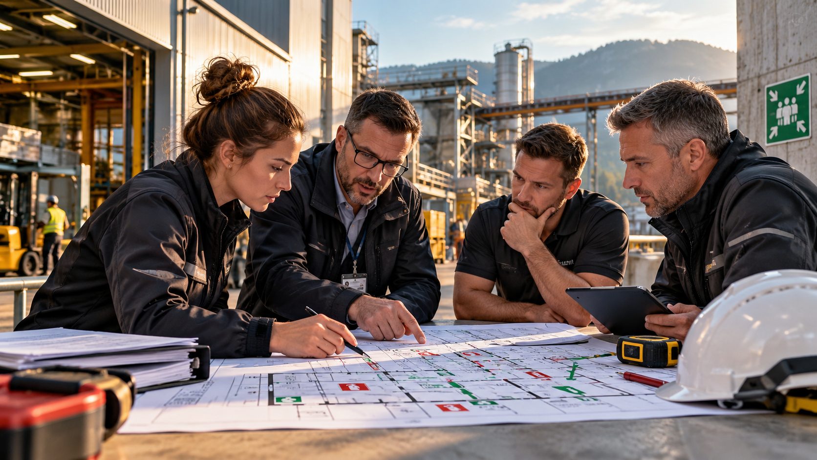 Équipe de sécurité étudiant un plan d’évacuation sur un site industriel